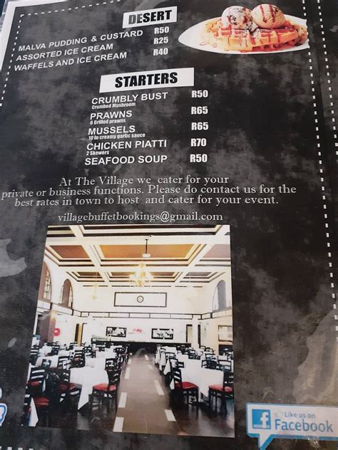 Menu at The Village Buffet restaurant, Cape Town