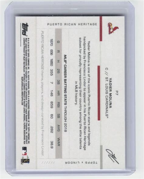 2019 Topps X Lindor Puerto Rican Heritage Yadier Molina P7 Cardinals Ebay