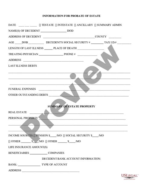 Information For Probate Of Estate Us Legal Forms