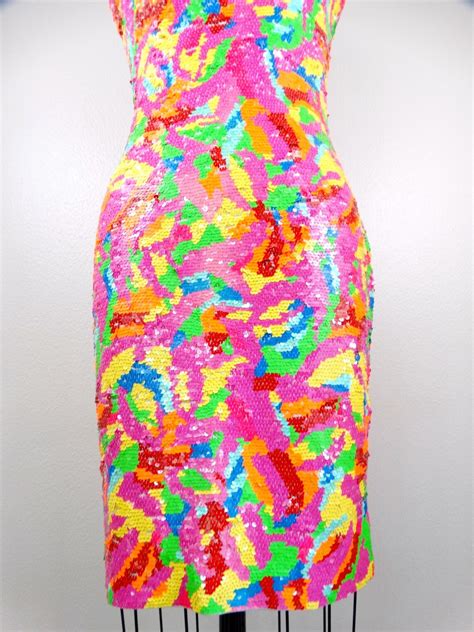 S M Neon Sequin Dress Hot Pink Orange Yellow And Green Etsy