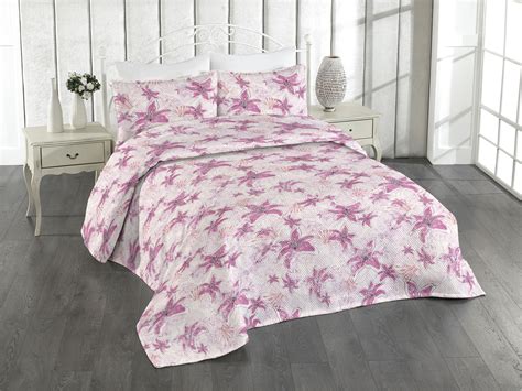 Ambesonne Floral Design Quilted Bedspread Set Pcs Retro Lily Flowers Twin Hot Pink Coral