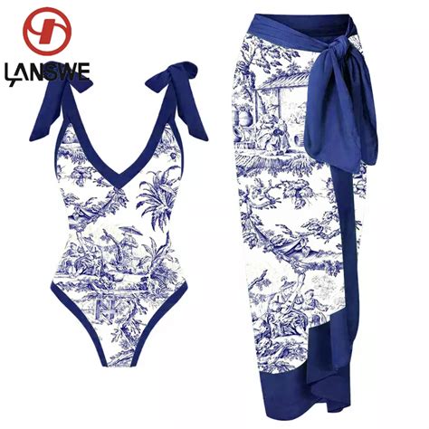 Lanswe Vintage Print Deep V Navy Bikini Top Kimono Simple Two Piece Womens Swimsuit For