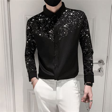 Casual Sequin Printed Slim Fit Long Sleeved Shirt Men Shopee Philippines