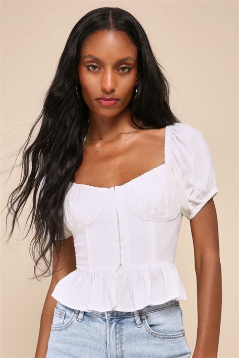 Cute White Linen Top Puff Sleeve Top Peplum Bustier Top Lulus