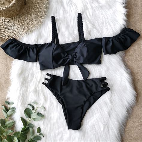 Off Shoulder Ruffles Solid Bikini Set On Luulla