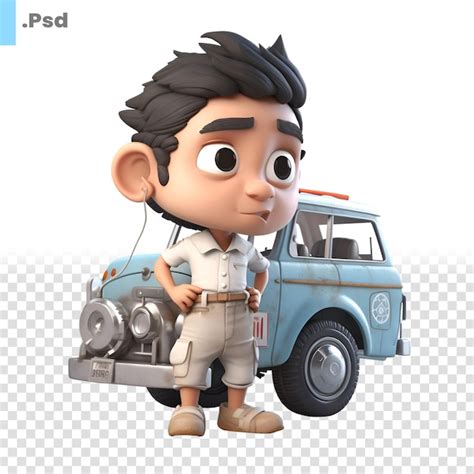 Renderização 3d De Um Personagem De Desenho Animado Com Um Carro Antigo