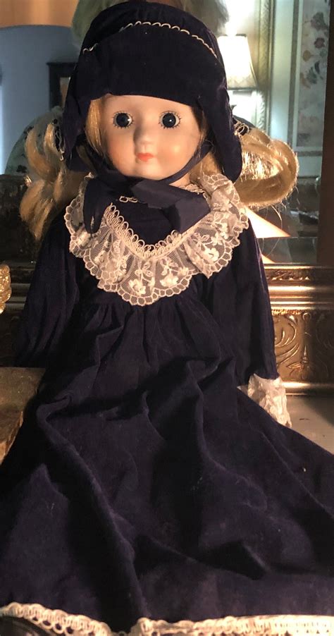 Vintage Blonde Porcelain Doll In Long Blue Velveteen Dress Etsy