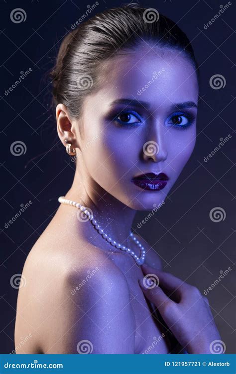 Beautiful Brunette Girl With Naked Shoulders And Dark Red Lips M Stock Image Image Of