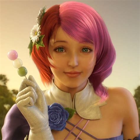 A Woman With Pink Hair Holding A Flower In Her Hand