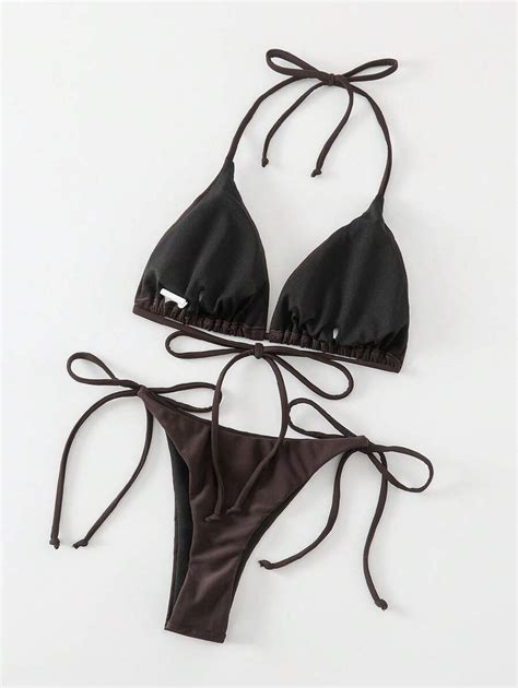 SHEIN Swim Solid Color Sexy Tie Up Bikini Swimwear Set For Women Beach Wear For Summer Beach