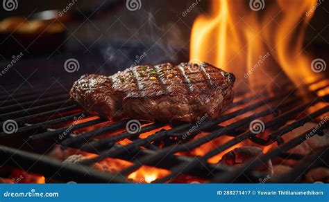 Beef Ribeye Steak Grilling On Flaming Grill Generative Ai Stock