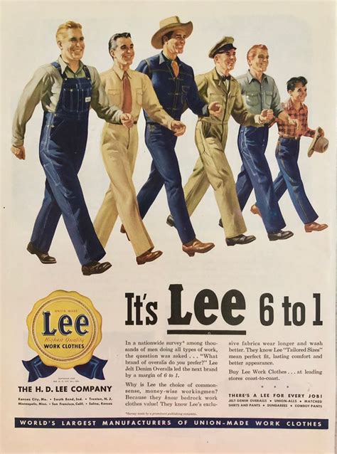 An Old Ad For Lees Clothing Shows Men In Overalls And Hats Walking