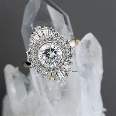 Round Starburst Halo Engagement Ring Starburst Moissanite Wedding Ring 14k Yellow Gold Ring