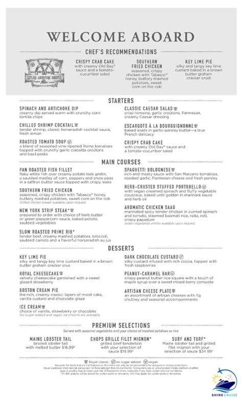 Royal Caribbean Main Dining Room Menu For All Ships