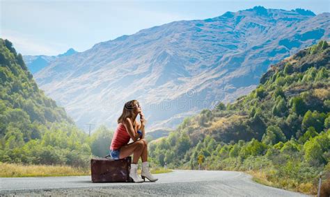 Pretty Brunette Retro Hitchhiker Stock Photo Image Of Country Stop 63658472