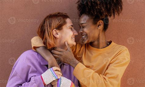 Lesbian Couple Having Tender Moments Outdoor Lgbt And Love Relationship Concept Stock