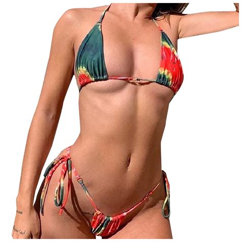 Women Dots Print Sexy Brazilian Bikini Piece Spaghetti Strap Tops Side Tie Thong Swimsuit