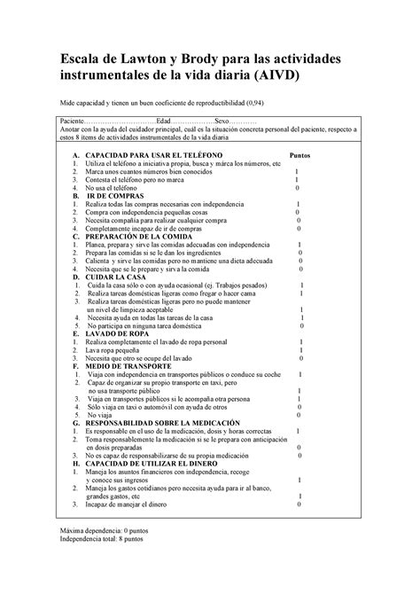 Pauta Lawton y Brody Evaluación AVD Escala de Lawton y Brody para