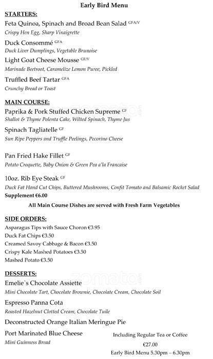Menu At Castleknock Hotel Restaurant Dublin