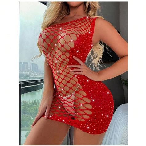 Sexy Crystal Lingerie Shine Rhinestone Bodystockings For Women Erotic See Through Hollow Fishnet