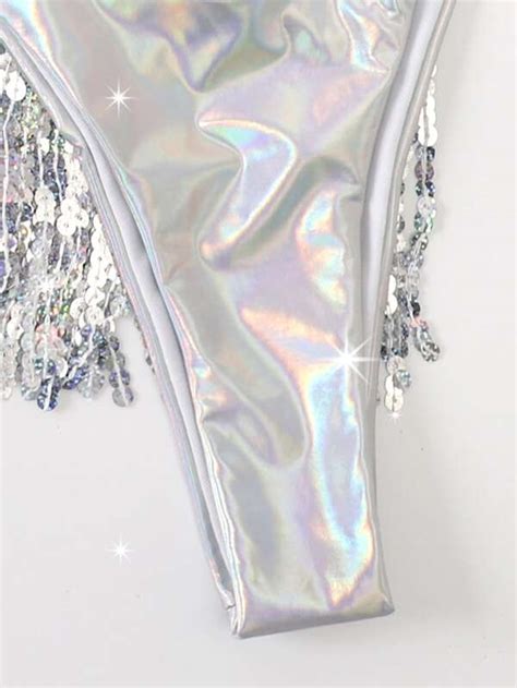 Shein Swim Vcay Pack Holographic Bandeau Bikini Swimsuit Sequin Fringe Beach Skirt Shein Uk
