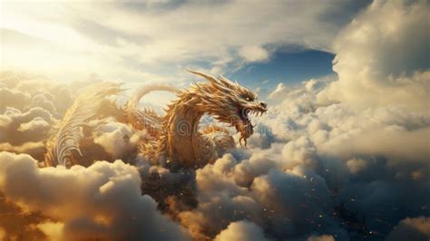 Generative AI Illustration Golden Chinese Dragon Flying on the Blue ...