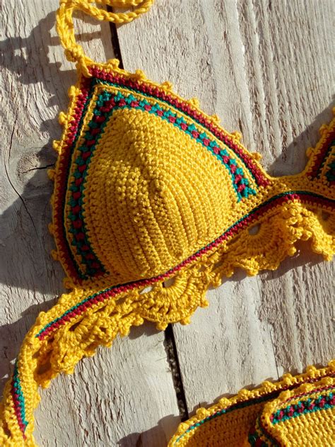 Crochet Bikini Yellow Red Green Bikini Crochet Swimwear Bikinis Rasta Bikini Crochet
