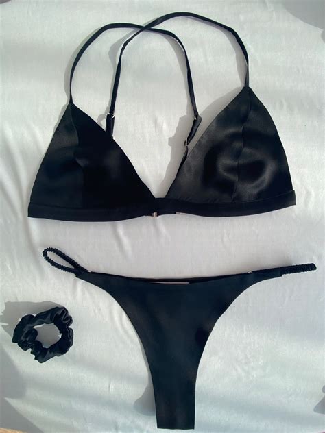 Black Silk Lingerie Set Silk Bralette Thong Silk Satin Bra Brief Intimates Classy
