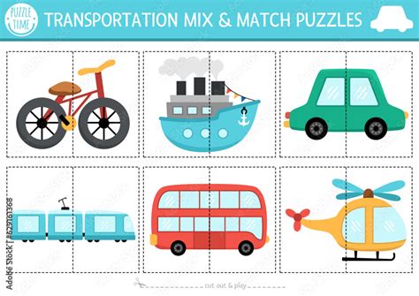 Vector Transportation Mix And Match Puzzle With Cute Bike Ship Car