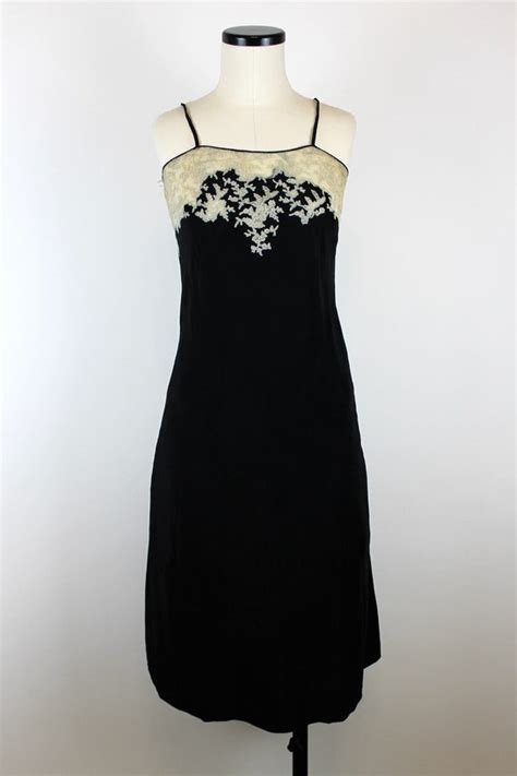 1950s Vintage Black Silk Lingerie Set Nightgown And Gem