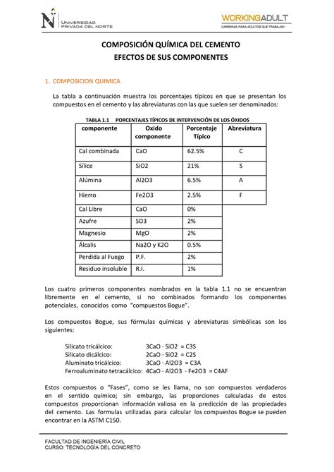 Composicion Quimica Del Cemento Facultad De Ingenier A Civil Curso