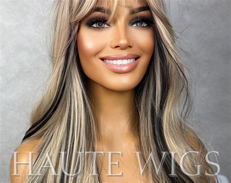 XTINA Long Sexy Blonde Wig W Black Highlights Lowlights Womens Hair Fringe Bangs Wavy Layered