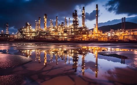 A large oil refinery with the lights on in the background | Premium AI