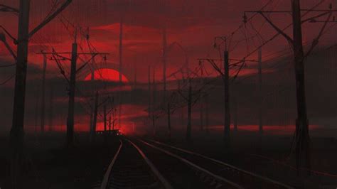 3838x2158 Railway Night Art Dark Red HD Wallpaper