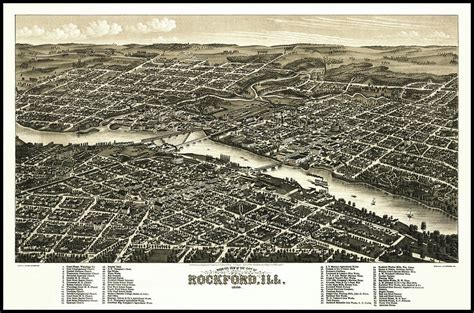 Rockford Illinois Vintage Map Birds Eye View 1880 Photograph By Carol