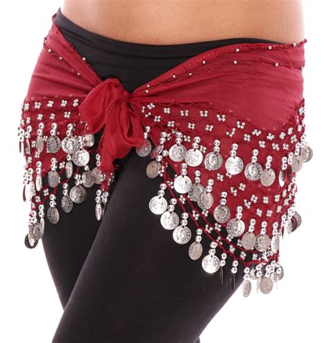 Sizes Chiffon Belly Dance Hip Scarf With Beads Coins Red Rose