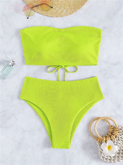 Generic New Solid Color Sexy Tube Top Swimsuit Back Tied High Waist Triangle Bikini Beach