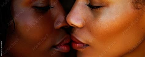 Sexy Lesbian Lovers Kissing Foreplay Closeup Of Pair Women Mouths