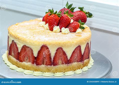Strawberry Naked Cake With The Photo In The Fruit Above The Cake Stock Image Image Of Bottom
