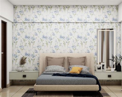 White And Blue Floral Bedroom Wallpaper Design | Livspace