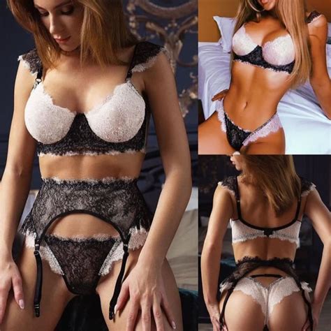 Nouvelles Femmes Splice Lace Lingerie Set Soutien Gorge Sans Fil Avec Porte Jarretelles Thong