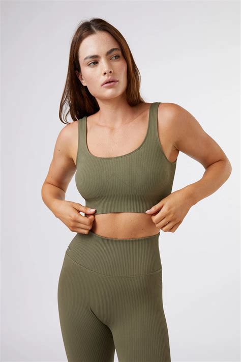 Womens Seamless Ribbed Sports Bra In Olive Green Muki