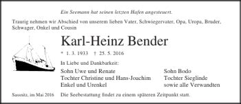 Traueranzeigen Von Karl Heinz Bender Trauer Anzeigen De