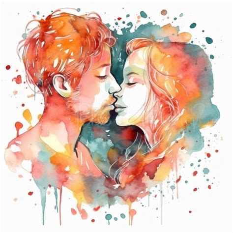 Uma Pintura Em Aquarela De Um Casal Se Beijando Foto Premium