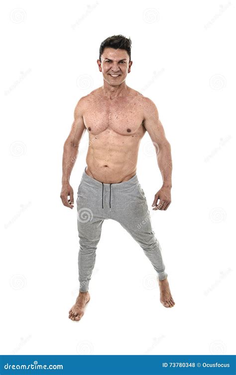 S Hispanic Sport Man And Bodybuilder Posing Happy With Strong Naked Torso Showing Fit Muscular