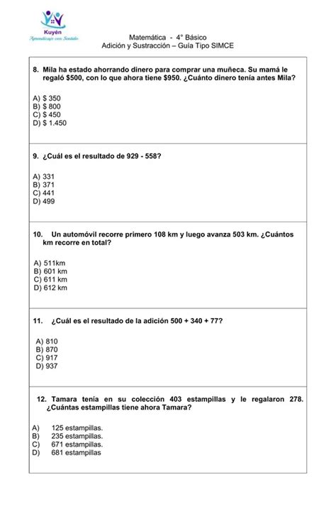 Adición y Sustracción 4 Básico Guía Tipo SIMCE con hoja de respuesta