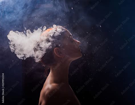 Profile Of A Beautiful Naked Girl On A Black Background The Face Of A Girl Exhaling Smoke