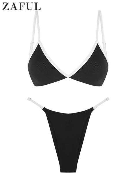 ZAFUL Bikini Acanalado De Dos Piezas En Color Negro Y Blanco Traje De Ba O De