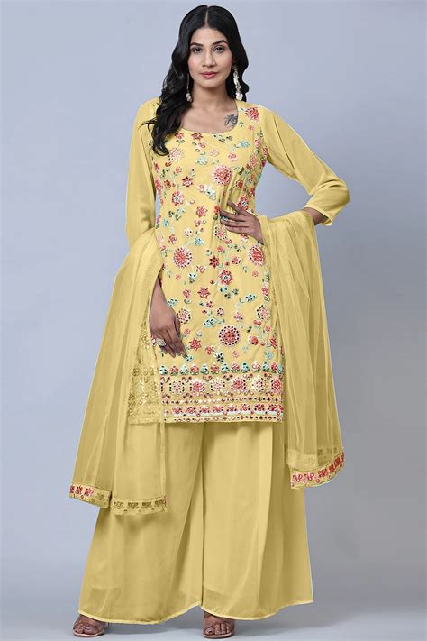 Embroidered Faux Georgette Sharara Suit In Yellow Ucchal Fashion