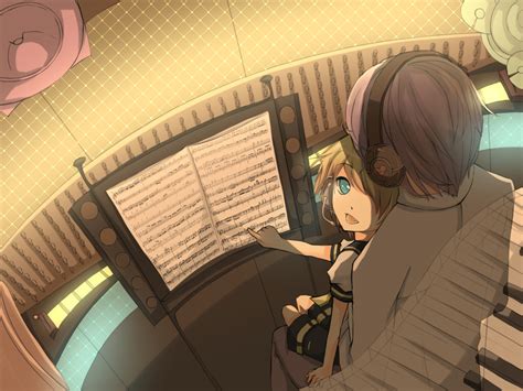 All Male Blonde Hair Blue Eyes Brown Hair Headphones Kagamine Len Male Music Vocaloid R Konachan